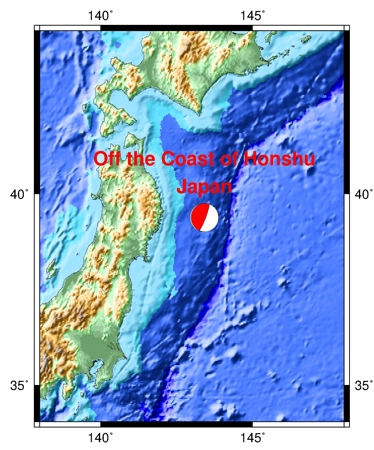 11/9/2025 Off the Shore of Honshu, Japan 6.8 map showing the earthquake location