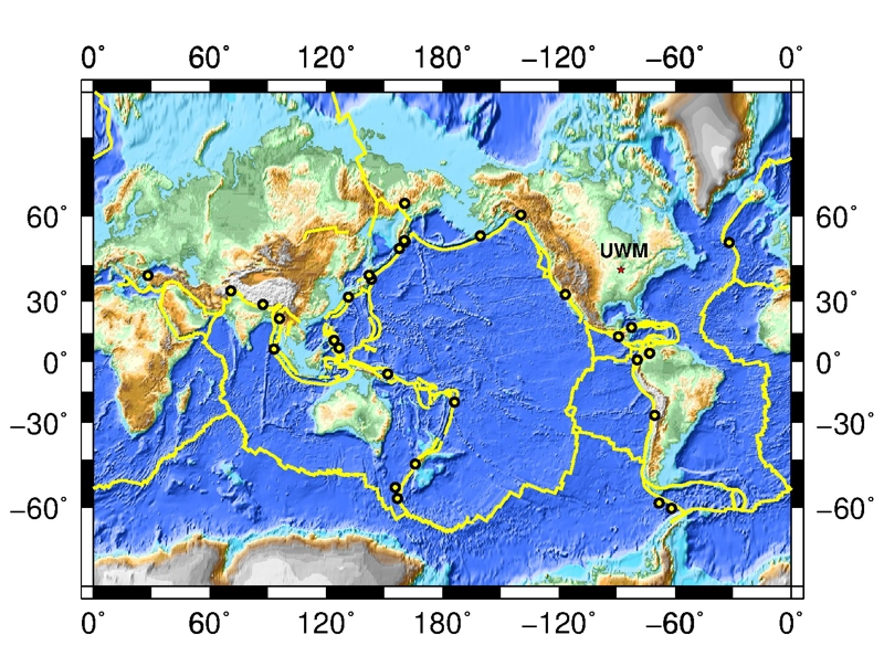 World map showing the locations of earthquakes recorded at UWM