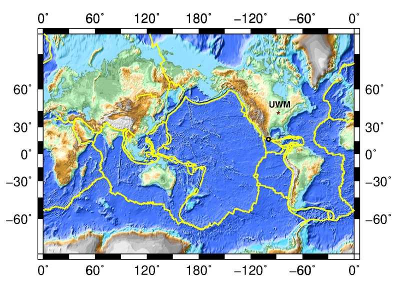 World map showing the locations of the earthquakes recorded at UWM in 2026