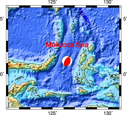 4/1/2026 Molucca Sea 7.4 inset map and focal mechanism