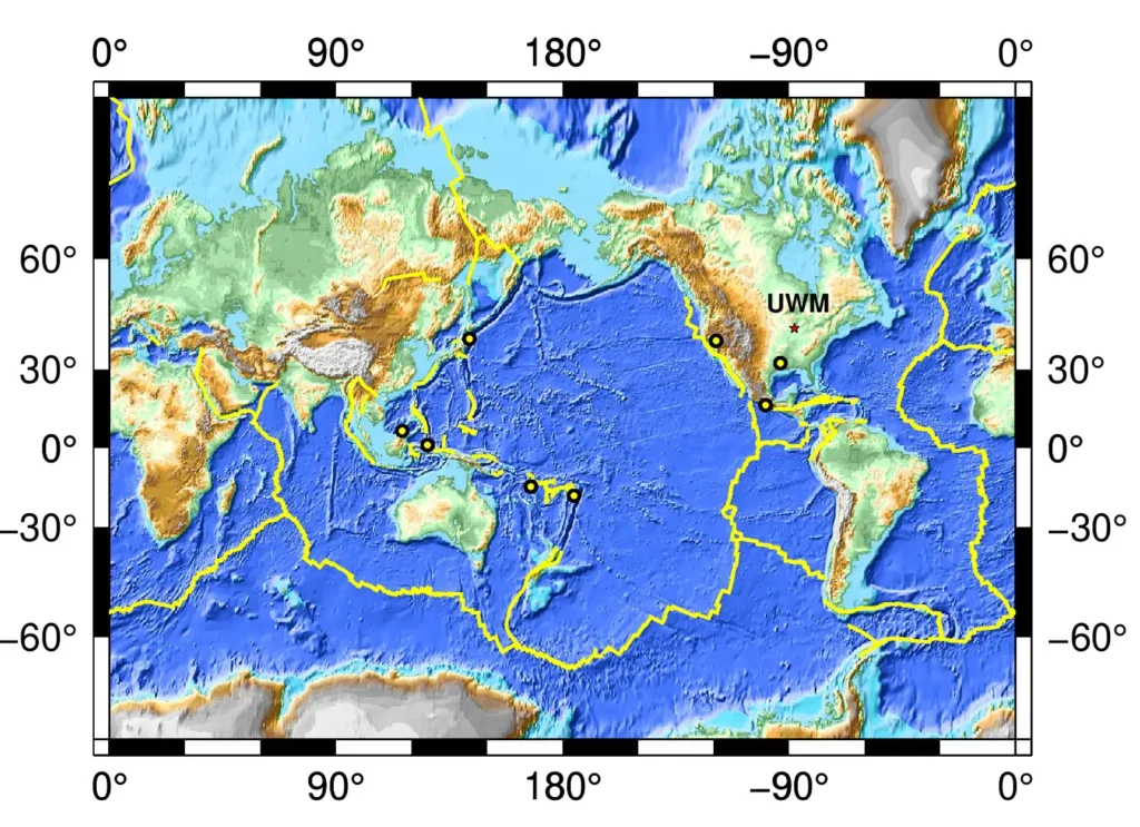 World map showing the locations of the earthquakes recorded at UWM in 2026