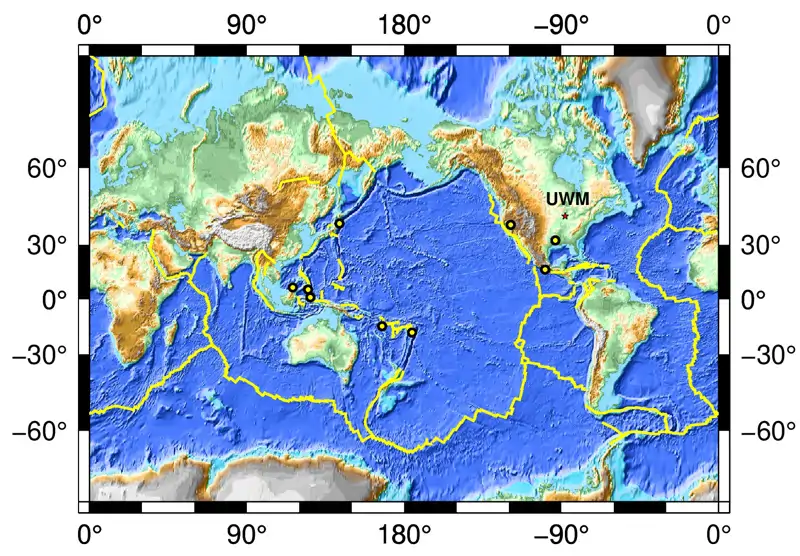 World map showing locations of earthquakes recorded in 2026 at UWM
