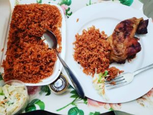 The Ghanaian national dish, Chicken with Jollof Rice