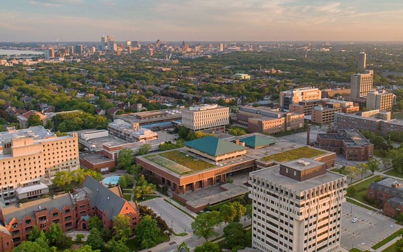 Aerial of UWM main campus with Milwaukee in the background