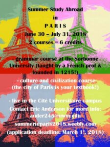 Paris study abroad summer flyer 2018.