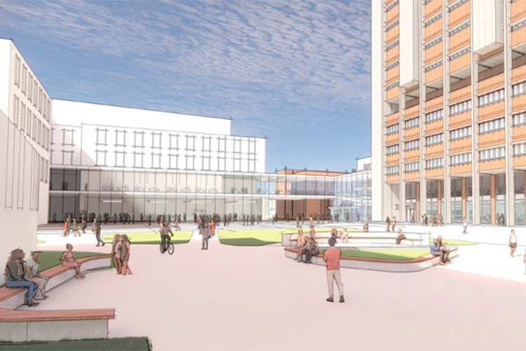 Concept photo showing what the renovations would look like when finished. It shows a sketch of students sitting in a courtyard.