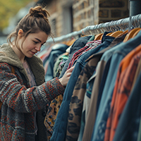 Student browsing clothing on a rack