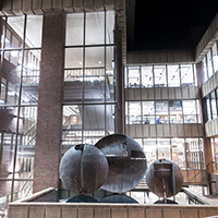 Outside of Golda Meir library on UWM campus at night