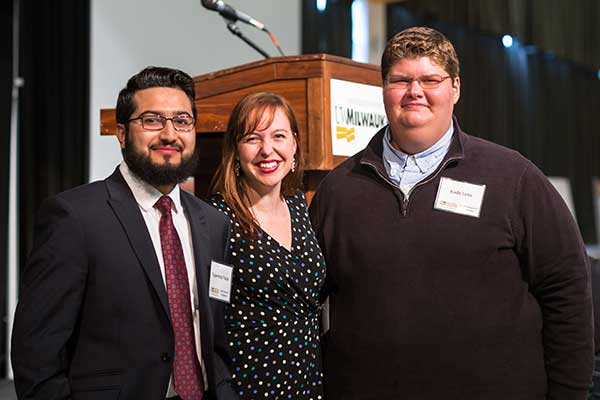 Winners of the 2018 Health Research Symposium, from left to right: Tajammal Yasin (2nd place), Rose Hennessy (1st place), and Kade Lenz (3rd place).