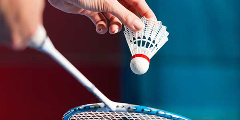 Hand holding the shuttlecock above the racket.