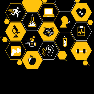 Graphic with symbols of different symbols representing the areas of study in the College of Health Sciences