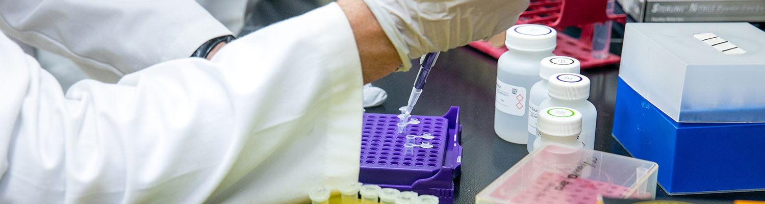 Close up of a person with a lab coat working with pipettes
