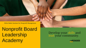 Nonprofit Board Leadership Academy — Helen Bader Institute for Nonprofit Management at UW-Milwaukee. Banner features a close-up photo of diverse hands stacked together in a gesture of teamwork, alongside the text 'Develop your skills and lead your community.