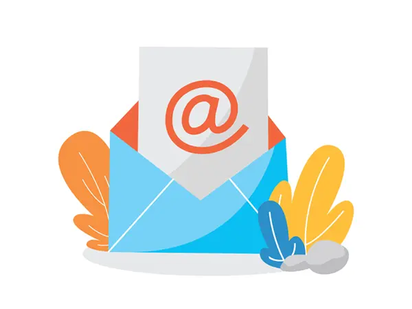 A graphic of an email message in an envelope, surrounded by leaves.