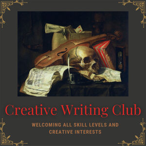 Creative writing club logo containing an painting with a violin and human skull