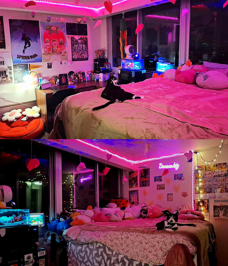 Double bedroom with a vibrant pink ambiance.