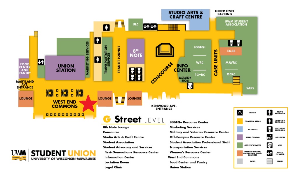The West End Commons is located in the southwest corner of the UWM Student Union, at street level.