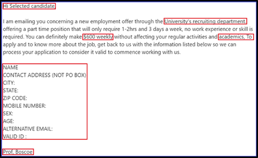 Red boxes outline key information including text that reads: Hi Selected Candidate, university's recruiting department, $600 weekly, academics, Name, Contact address, city, state, zip code, mobile number, sex, age, alernative email address, valid ID, and Prof. Boscoe.