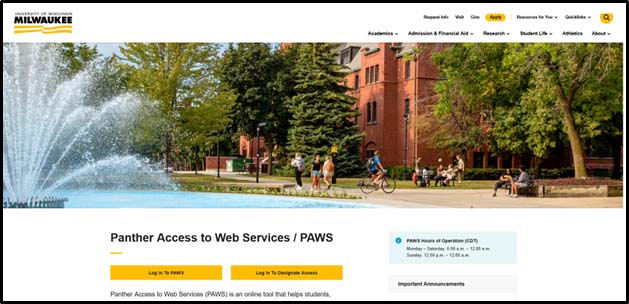 Screenshot of the new PAWS login page showing the buttons to log in as a student and to log in as a designate