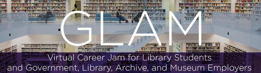 Logo graphic for the Virtual Career Jam for Library Students and Government, Library, Archive, and Museum Empolyers (includes text over the top of image of library book stacks)