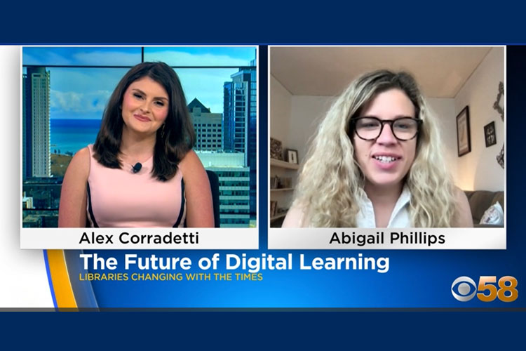 screenshot of online video news story featuring news anchor and uwm professor with caption, "The Future of Digital Learning"