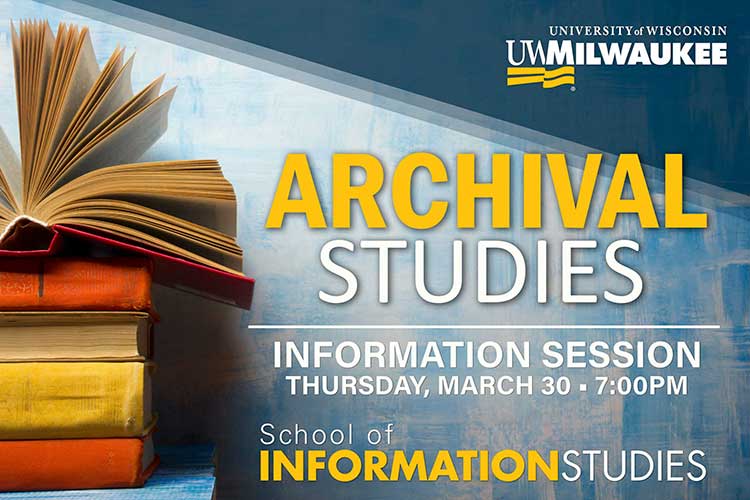 stack of 5 books on a distressed blue background. the top book is fanned open. Gold text reads, Archival Studies Information Session.