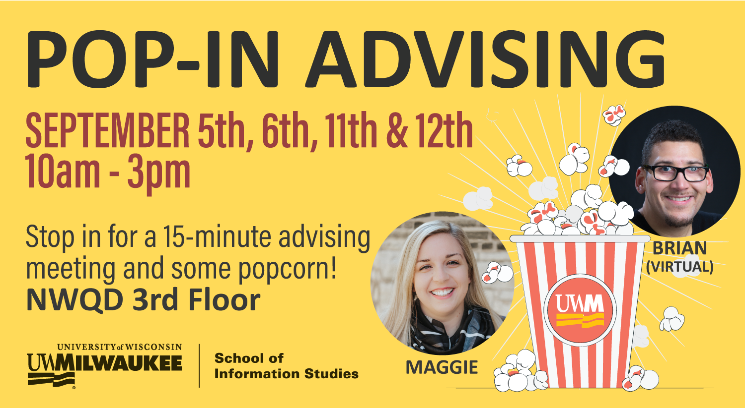 pop in academic advising grphic with photo of maggie flath and brian williams