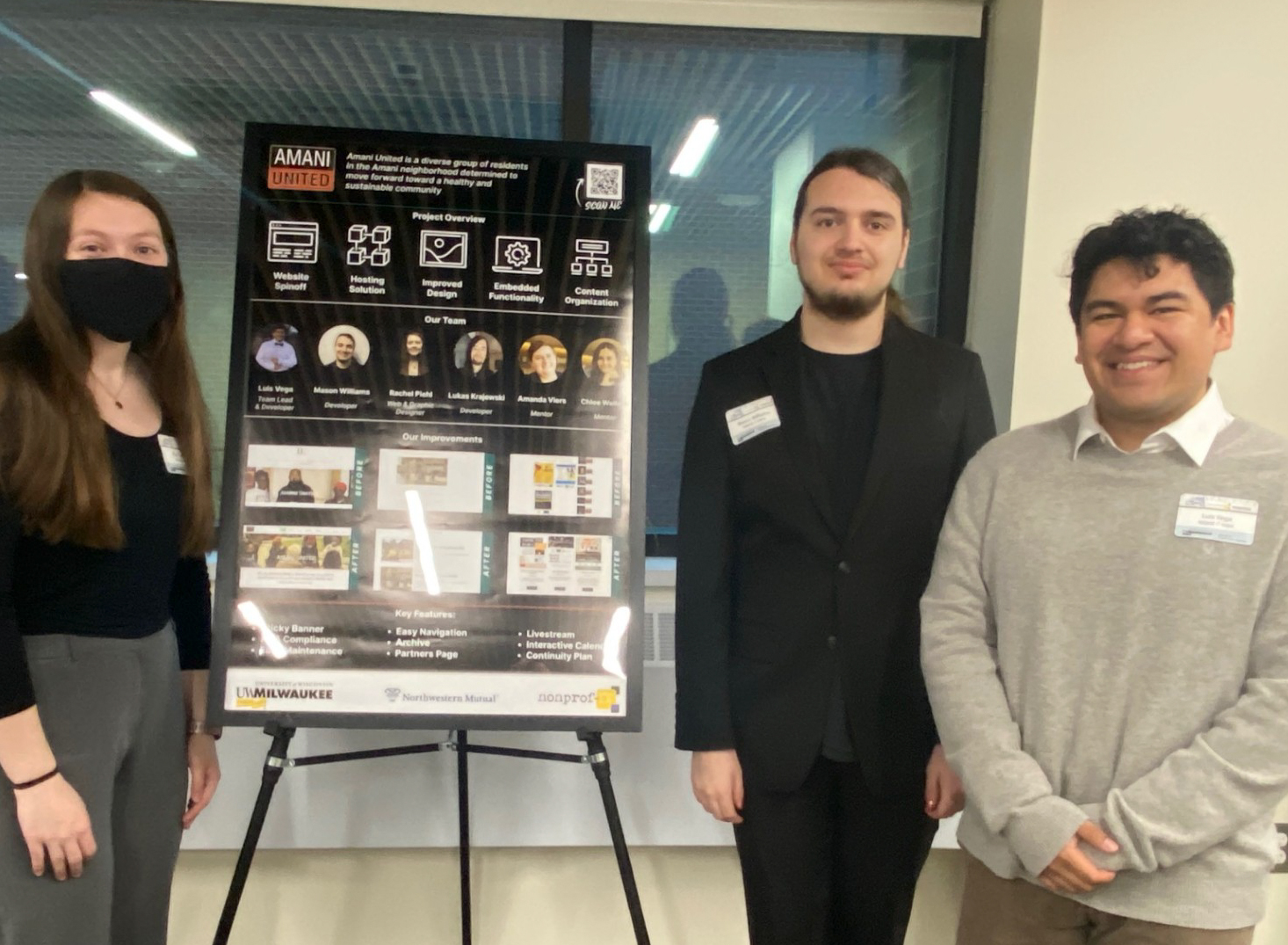 Image of students standing around their poster presentation for the Nonprof-IT program.