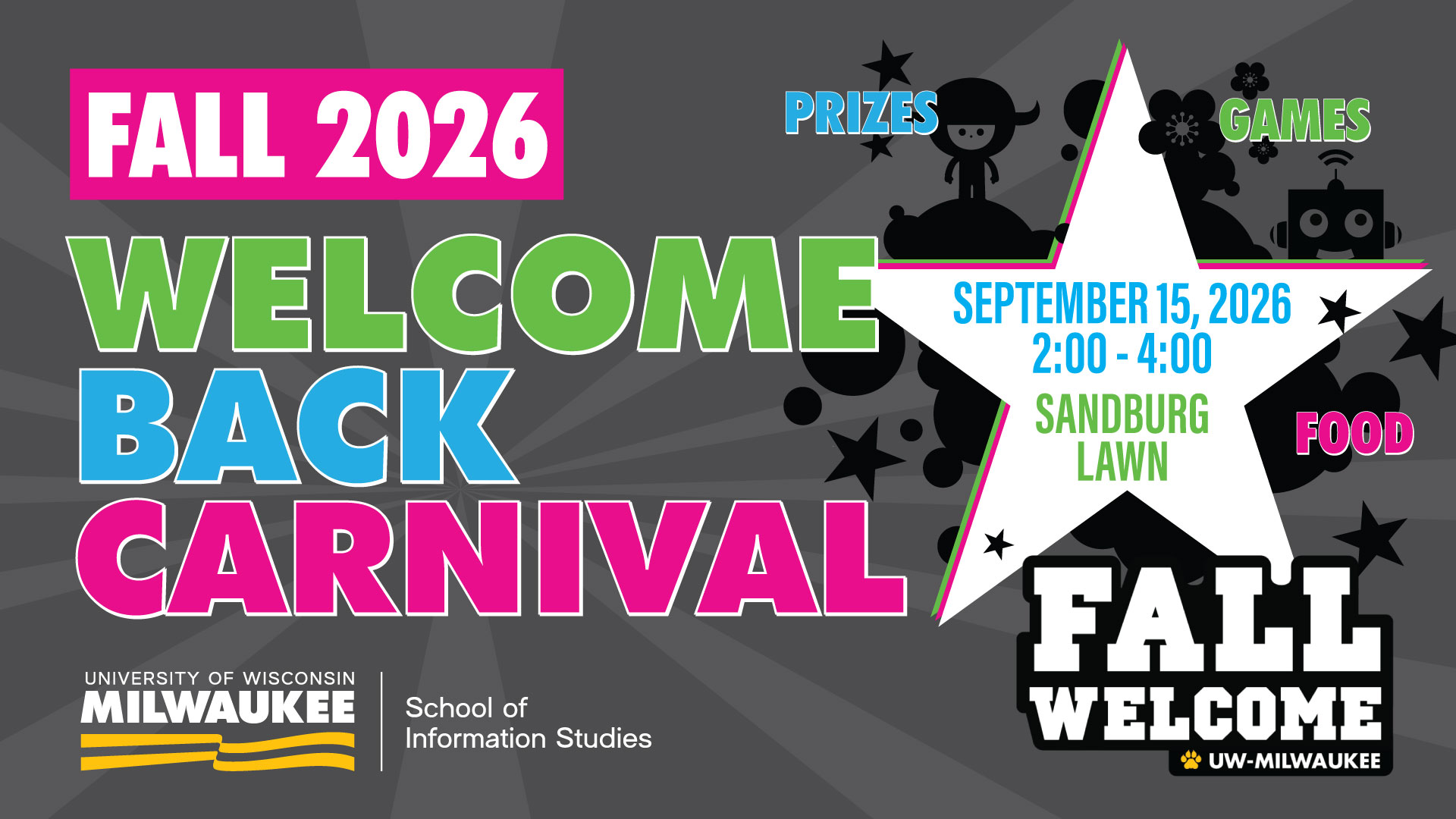 Decorative graphic for the Fall 2026 School of Information Studies Welcome Back Carnival