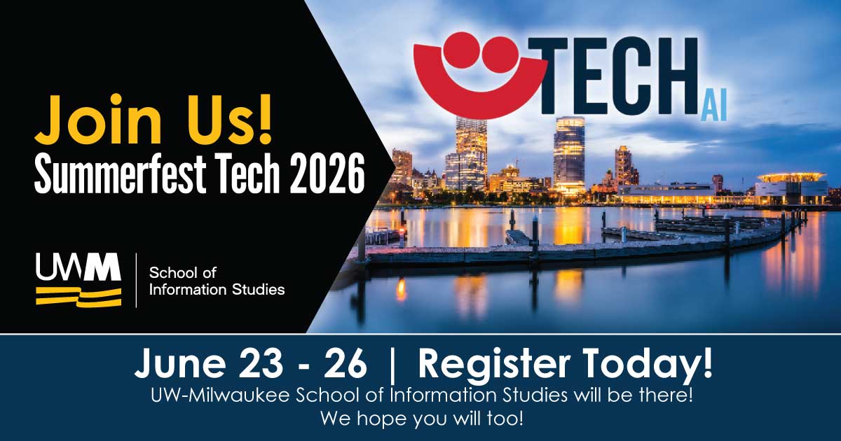 Decorative graphic highlighting the School of Information Studies at Summerfest Tech