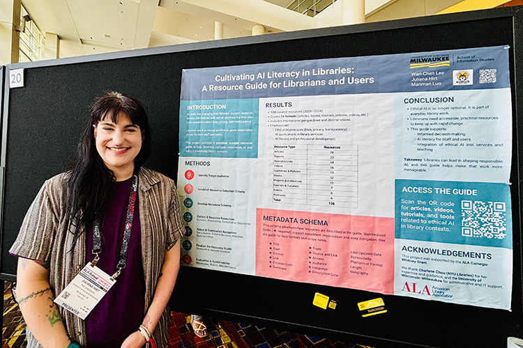 Doctoral candidate, Juliana Hirt standing in front of her research poster at the ALA 2026 Annual Conference.