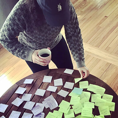 Student Mapping at a table with post-its and coffee