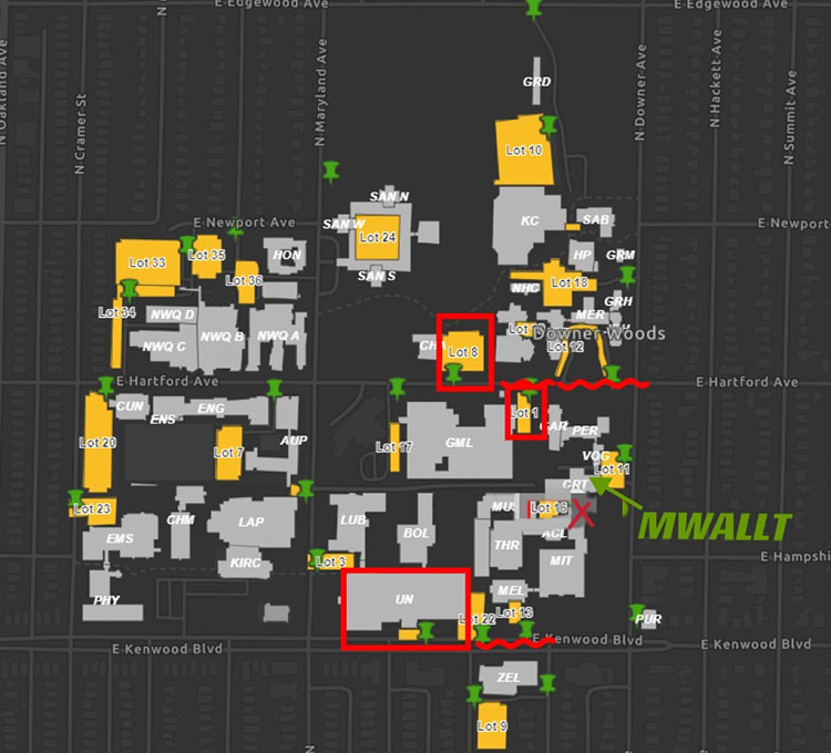 UW-Milwaukee campus parking map highlighting updated lot locations. Parking lots are shown in gold, with red boxes indicating specific lots of note (Lots 1, 8, and the Union area). A red 'X' marks a closed or restricted area near Lot 16, labeled 'MWALLT' in green text. Green pins indicate parking lot entrances across campus, with major streets including E Kenwood Blvd, E Hartford Ave, and N Downer Ave visible.