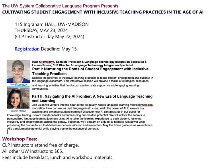 Flyer for the UW System Collaborative Language Program event 'Cultivating Student Engagement with Inclusive Teaching Practices in the Age of AI,' held at 115 Ingraham Hall, UW-Madison on Thursday, May 23, 2024. Features two sessions presented by Kate Grovergrys and Lauren Rosen covering inclusive teaching practices and AI in language learning. Workshop fees: free for CLP instructors, $65 for all other UW instructors. Registration deadline: May 15.