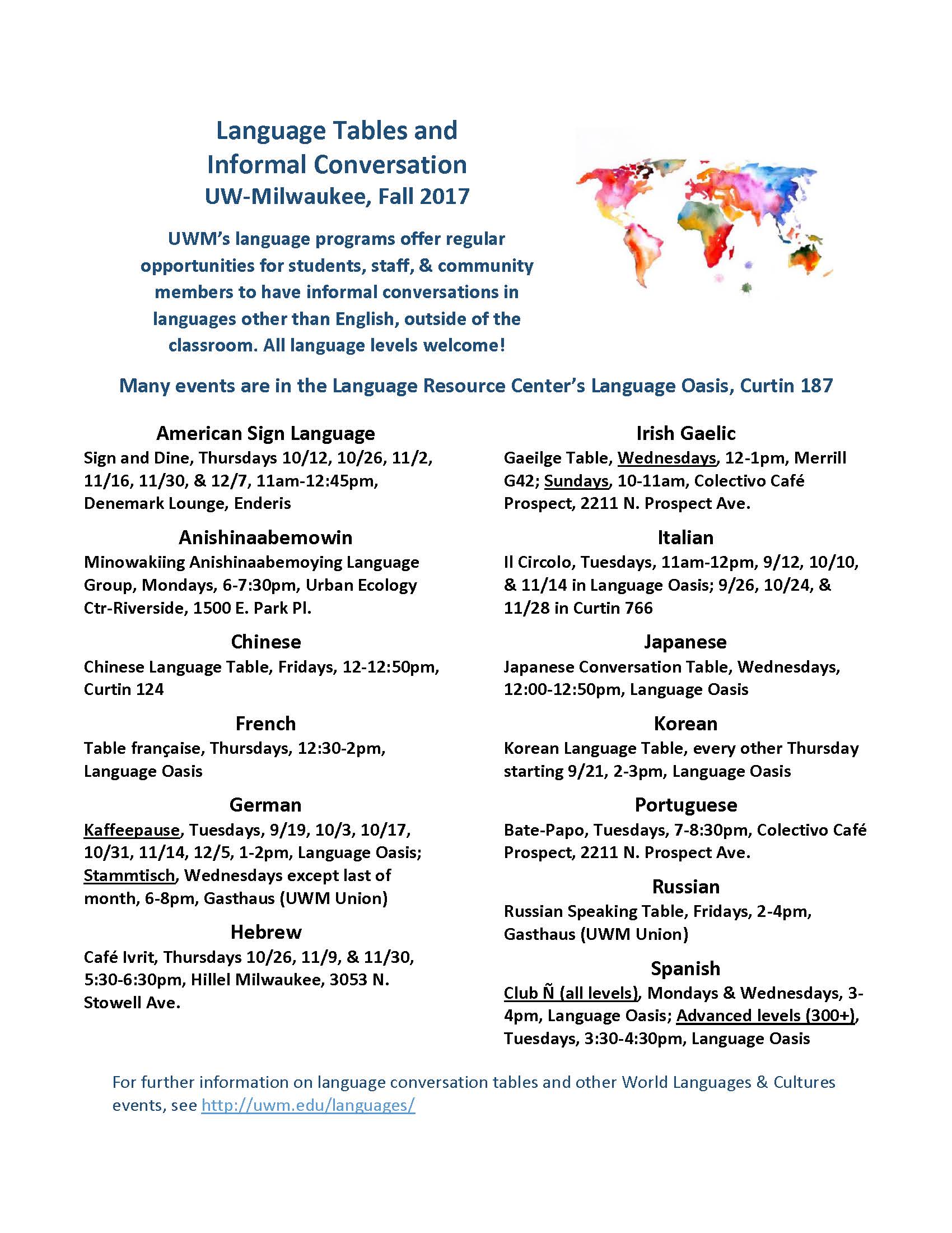 Language Tables And Informal Conversation Fall 2017 Uwm Languages