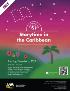 Event flyer listing title, date, time, description, and QR code. The background is a drawing of a landscape at sunset with green hills and stars in the sky making a constellation of an open book