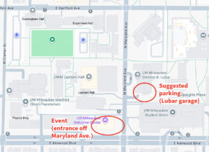 Map noting the location of the Lubar Entrepreneurship Center and Lubar Parking Garage on UWM's campus