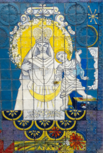 Detail from a ceramic tile mural, depicting the Orishá Yemayá through the visual conventions of the Catholic Madonna and Child, art by Said Musa