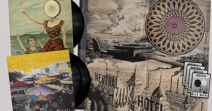 Picture shows several album covers and pieces of artwork from the band Neutral Milk Hotel's re-released boxset.