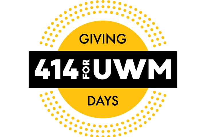 A yellow circular logo with a black bar across the circle. White words in the black bar read "Giving Days: 414 for UWM"