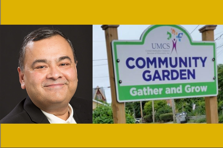 A headshot of a middle-aged Indian man who smiles at the camera. His photo is next to a photo of a white sign with a green border and blue letters that read "Community Garden: Gather and Grow"