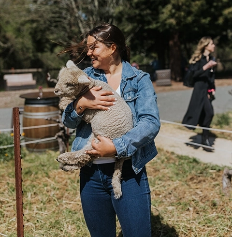 A young white woman with dark hair flying in the breeze smiles down at a white lamb that she holds in her arms.