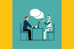 A graphic shows a person and a robot sitting across from each other at a table. The two each have blank speech bubbles above their heads, indicating a conversation. The image is overlaid on a teal and gold background.