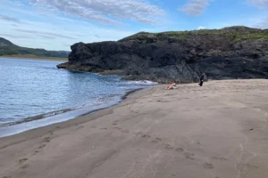 A smooth beach touches brilliant blue water with a green cliff in the background.