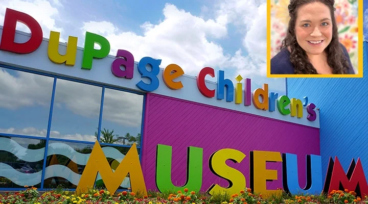 Exterior shot of DuPage Children's Museum overlaid in one corner with a small headshot of Cassie Coffey
