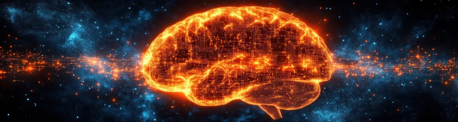 Glowing orange digital brain with circuitry patterns against a dark starry cosmic background, symbolizing artificial intelligence and neural networks