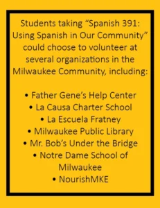 Picture of text. Text reads Students in Spanish 391: Using Spanish in Our Community could choose to volunteer at several organizations in the Milwaukee Community, including Father Gene’s Help Center, La Causa Charter School, La Escuela Fratney, Milwaukee Public Library, Mr. Bob’s Under the Bridge, Notre Dame School of Milwaukee, and NourishMKE.