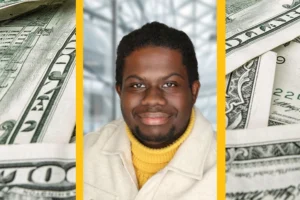 A headshot of a young Black man is overlaid on an image of paper money.