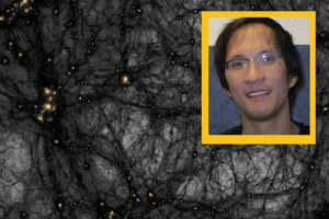 A headshot of an Asian man wearing glasses is overlaid on a map of probable dark matter which branches like a spiderweb between cluster points.
