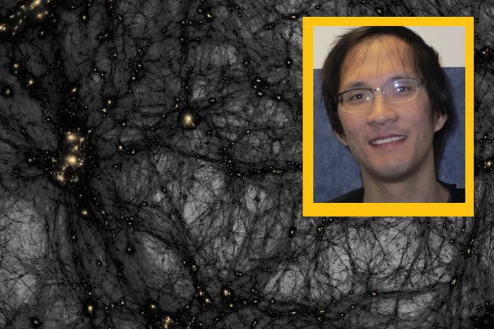 A headshot of an Asian man wearing glasses is overlaid on a map of probable dark matter which branches like a spiderweb between cluster points.